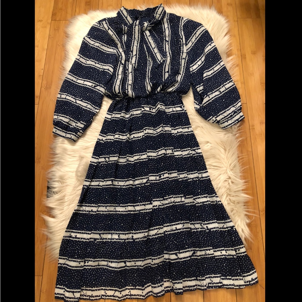 J.S.J Vintage Nautical Stripe pleated midi dress, sailor style, size 6